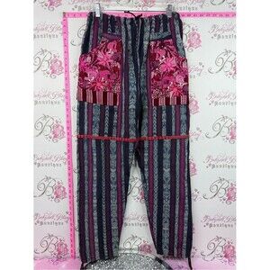 Pants patchwork Boho Embroidered Patchwork Striped Harem Pants - Pink & Navy